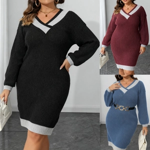 Detail view of V-neck knitted bodycon dress with contrast ribbing and belted waist