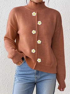 Jersey de punto de cuello alto para mujer con flores 3D hechas a mano y puños acanalados