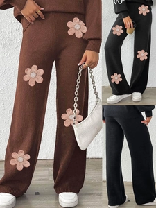 Women Chic Knitted Top And Wide Leg Pants With 3D Floral Applique Beading Casual Long Sleeve High Waist Streetwear Co-ords