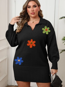 Black knit polo dress with colorful crochet flower embroidery and long sleeves