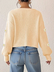 Pfirsichfarbene Strickjacke mit Gänseblümchen-Stickerei und langen Ärmeln für Damen