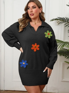 Women's black knit dress with polo collar and colorful 3D floral crochet appliques