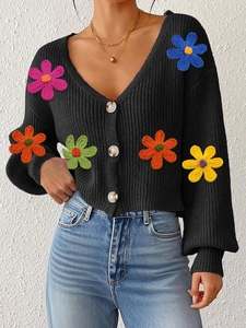 Gilet noir pour femme avec col en V, broderie de fleurs 3D colorées et boutons