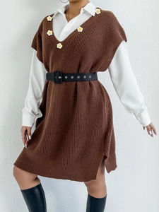 Women's brown knit vest dress with white daisy floral embroidery and V-neckline