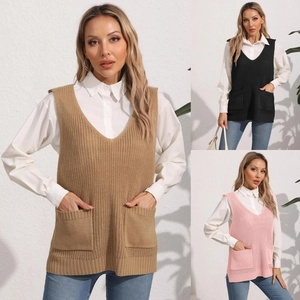 Detail view of V-neck knitted vests with double pockets in khaki, black, and pink colors