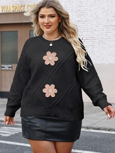 Plus size black diamond knit sweater with 3D pink floral embroidery in casual loose fit