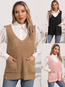 Women Casual V-Neck Knit Sweater Vest Solid Color Double Pocket Sleeveless Top Fashion Acrylic Waistcoat For Streetwear Daily Wear