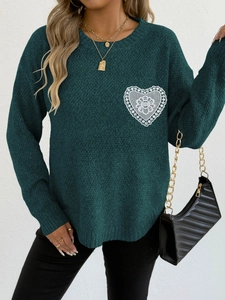 Jersey de punto verde bosque para mujer con parche de encaje de corazón y cuello redondo