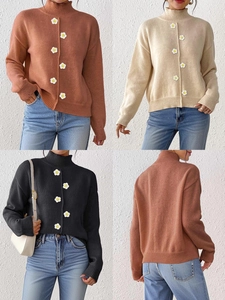Suéter de Mujer de Cuello Medio Alto Con Decoración de Flores de Ganchillo 3D Manga Larga de Punto Empalme Top Cálido Ropa Casual