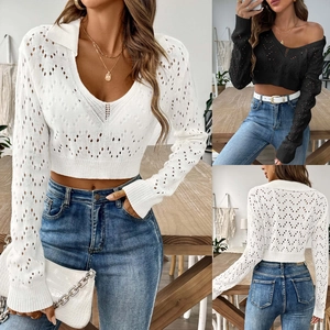 Detail of hollow knit crop top with polo collar and intricate textured pattern