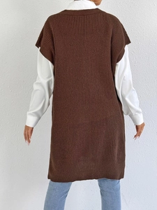 Long dark brown chunky knit vest dress for women with retro floral stitching design