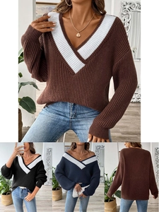 Pull en Tricot Décontracté pour Femmes avec Col en V et Blocs de Couleur Coupe Ample Manches Longues pour Automne Hiver