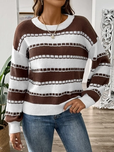 Women's crewneck knit sweater with brown and white horizontal stripes and dropped shoulders