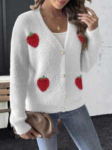 Gilet blanc en fausse fourrure de vison avec fraises 3D et boutons en perles