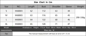 Detailed size chart for crochet patchwork off-shoulder sweater showing S to XL measurements
