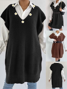 Women V-Neck Sleeveless Sweater Vest Dress Loose Polyester Knit Long Waistcoat With Floral Patchwork For Casual Street Style
