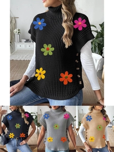 Women Turtleneck Knit Vest With 3D Crochet Flowers Side Buttons Sleeveless Ribbed Pullover Sweater Vest Casual Top