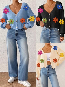 Gilet en Maille pour Femmes Fleurs au Crochet 3D Col en V Boutonné Manches Longues Style de Rue Top Décontracté