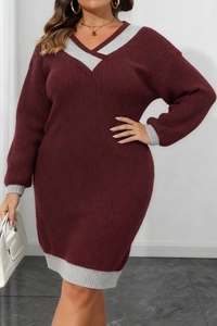 Detail of V-neck knitted dress with contrast grey ribbing and wine red ribbed texture