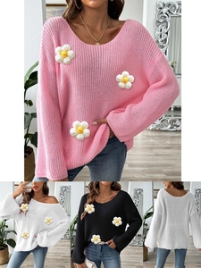 Women Off Shoulder Crochet Flower Sweater Flare Sleeve Knitted Pullover Top Sweet 3D Floral Daisy Loose Knit Jumper