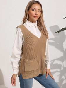 Khaki V-neck knit vest with double front pockets and side slits in loose casual style