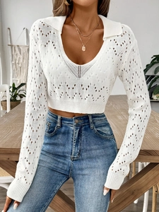 Women Casual Long Sleeve Cropped Pointelle Knit Sweater Polo V Neck Hollow Out Short Pullover Top For Autumn Streetwear