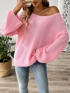 Pink off-shoulder knit sweater with lantern sleeves and loose fit for a cozy casual look