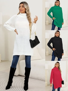 Detail of high collar knit sweater dress with side slits in white, green, black and rose