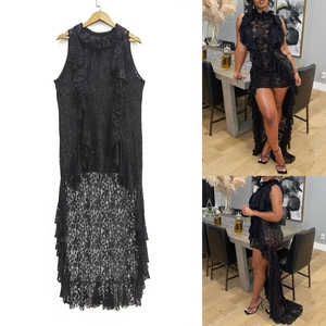 Detailed view of black lace high-low dress with ruffled collar and sleeveless design