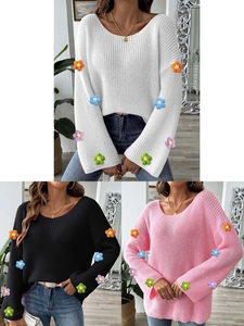 Damen Floral Häkel Patchwork Pullover U-Boot Ausschnitt Schulterfrei Glockenärmel Lockerer Strick Top Pullover