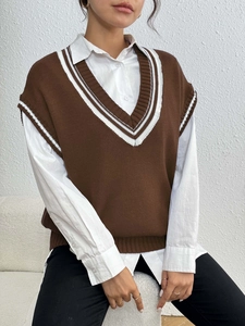 Deep brown V-neck knit vest with contrast stripes and collegiate style for women