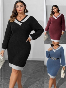 Plus Size Women V Neck Contrast Color Patchwork Knit Sweater Dress Long Sleeve Slim Fit Bodycon Midi Casual Dress