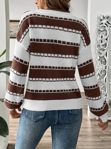 Women's brown and white striped knit sweater with drop shoulder design and ribbed cuffs