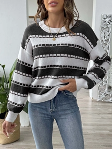 Women's casual loose-fit knit sweater with classic black and white stripes and crew neck