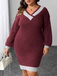 Women's V-neck burgundy knit dress with gray contrast stripes and bodycon fit