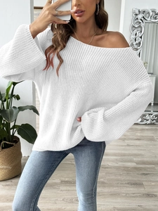 White off-shoulder chunky knit sweater with flare sleeves and loose casual fit design
