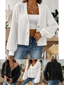 Gilet Décontracté en Grosse Maille pour Femme Col en V Manches Longues Bouton Pull Court Manteau Automne Hiver Top Ample