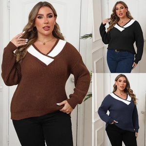 Detail of color-block striped V-neckline and chunky knit texture on plus size sweaters