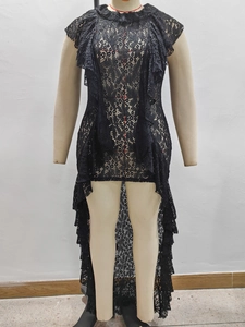 Elegant sleeveless black lace gown with high-low hem and floral ruffle neckline
