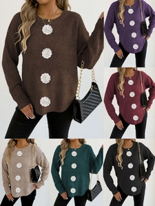 Pull en Tricot Décontracté pour Femmes Col Rond Manches Longues Avec Fleurs 3D Crochetées à la Main Mode Streetwear Automne