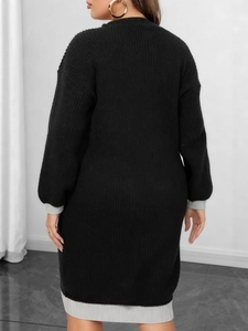 Women long sleeve knit dress in black and grey color contrast back view style
