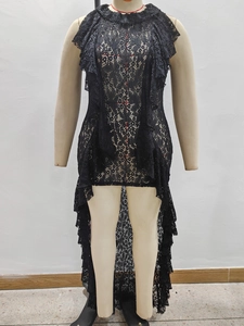 Black sleeveless lace high-low dress with ruffled neck and intricate hollow patterns