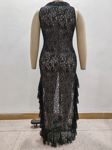 Plus size black sleeveless lace maxi dress with ruffle neck and floor-length hemline