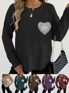 Jersey de punto para mujer con cuello redondo, parche de corazón de encaje y seis colores