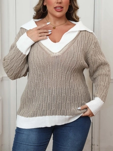 Pull femme grande taille en maille torsadée avec col marin contrasté et design élégant