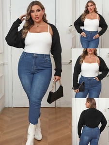 Coprispalle Donna Taglie Forti Nero in Maglia a Costine Cardigan Aperto Davanti Manica Lunga Crop Top Casual Maglia a Strati
