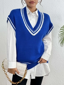 Preppy style V-neck knit sweater vest in navy with contrast striped trims for women