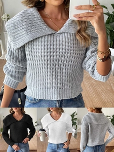 Women's Large Lapel Knit Sweater Pullover Short Cropped Ribbed Long Sleeve Jumper Autumn Winter Casual Streetwear Top