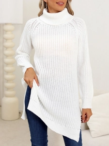 Detail showing high-neck thick knit white sweater dress with side slit design for women