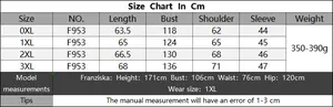 Size chart for plus size women's heart sweater, from size 0XL to 3XL with measurements